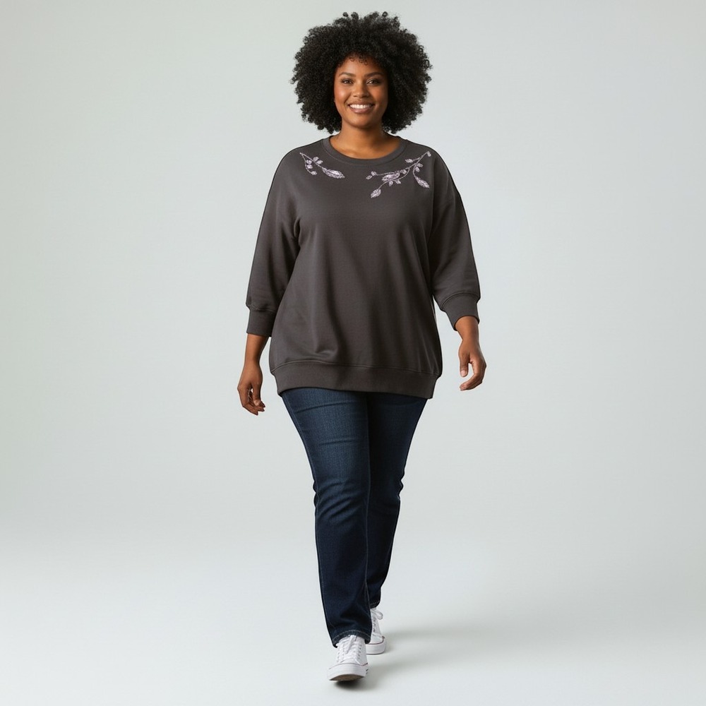 Studio Y Women 3X Sweatshirt Dark Grey Silver Beaded Floral Oversized 3/4 Sleeve